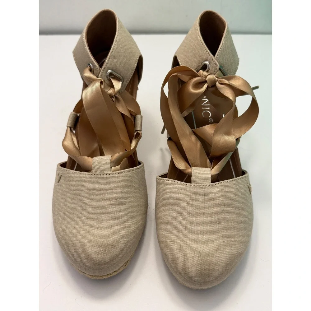 Vionic Kaitlyn Tan Canvas Ribbon Lace Up Espadrille Wedge Sandals Womens 7 Wide